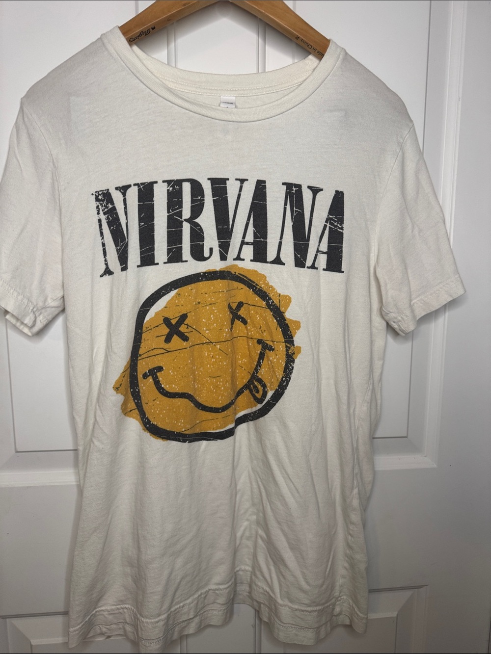 NIRVANA Off-White Tee with Yellow Smiley and Black Logo